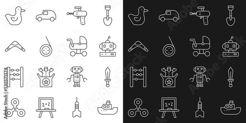 Set line Toy boat, Sword toy, Robot, Ray gun, Yoyo, Boomerang, Rubber duck and Baby stroller icon. Vector