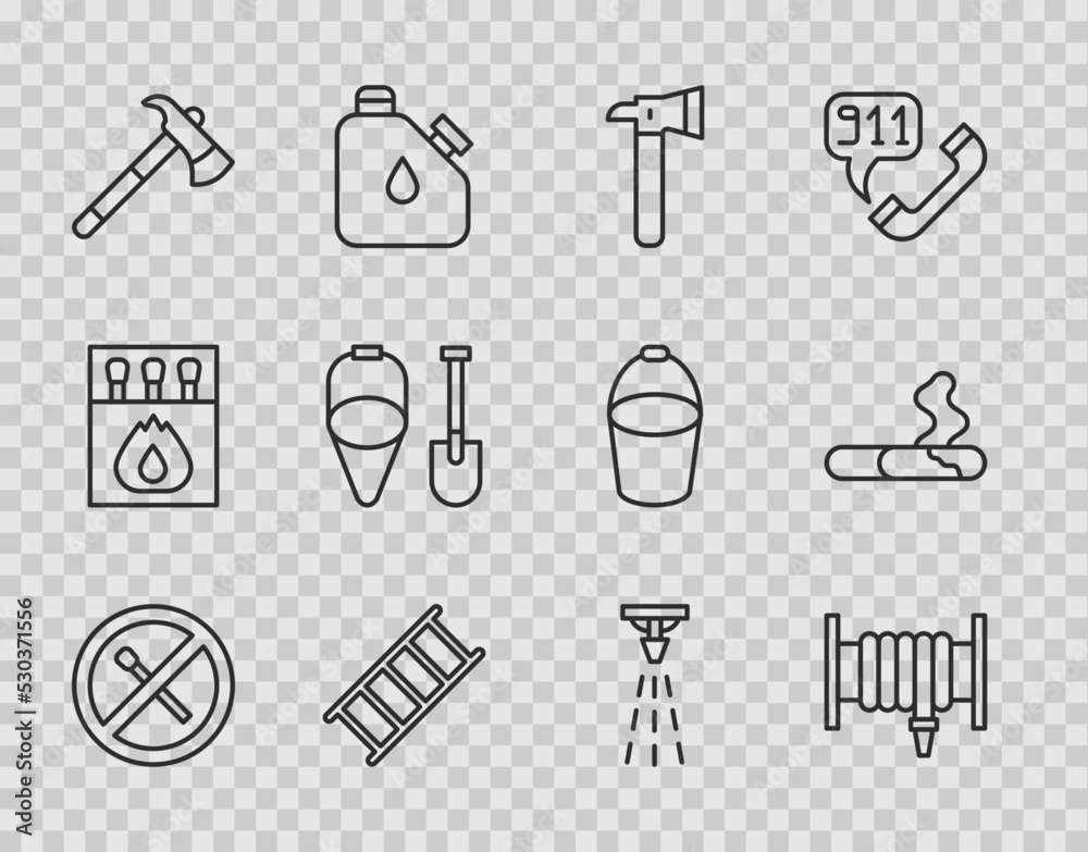 Set line No fire match, Fire hose reel, Firefighter axe, escape, shovel and bucket, sprinkler and Cigarette icon. Vector Set line No fire match, Fire hose reel, Firefighter axe, escape, shovel and bucket, sprinkler and Cigarette icon. Vector