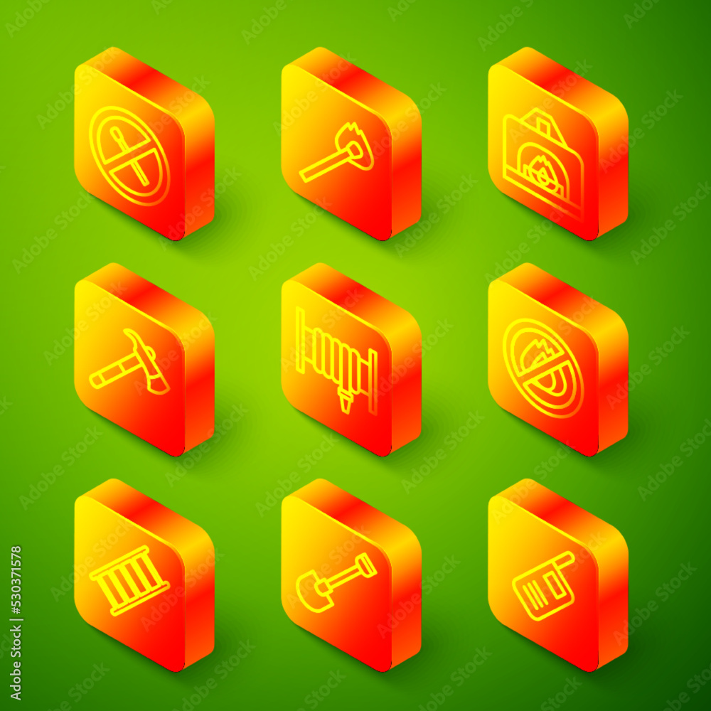 Set line No fire match, Burning with, Interior fireplace, Firefighter axe, hose reel, escape and shovel icon. Vector Set line No fire match, Burning with, Interior fireplace, Firefighter axe, hose reel, escape and shovel icon. Vector