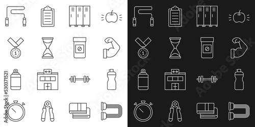 Set line Chest expander, Fitness shaker, Bodybuilder muscle, Locker or changing room, Old hourglass, Medal, Jump rope and Anabolic drugs icon. Vector