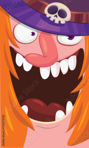 Funny cartoon witch face avatar. Halloween vector illustration