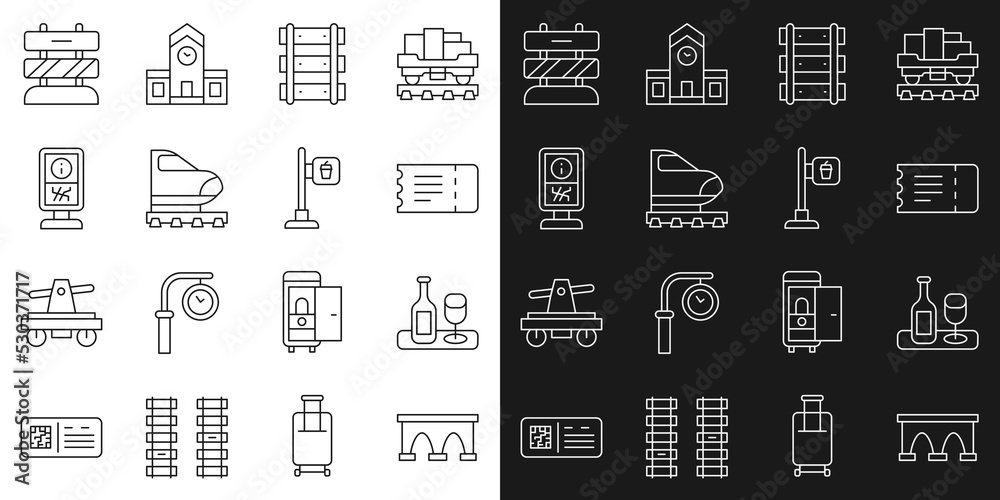 Set line Bridge for train, Wine bottle with glass, Train ticket, Railway, railroad track, High-speed, Information stand, End of railway tracks and Cafe restaurant location icon. Vector Set line Bridge for train, Wine bottle with glass, Train ticket, Railway, railroad track, High-speed, Information stand, End of railway tracks and Cafe restaurant location icon. Vector