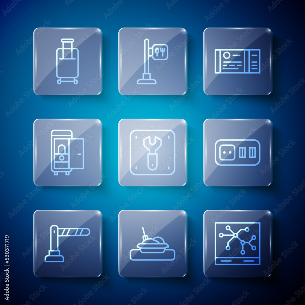 Set line Railway barrier, Plate with food, map, Train ticket, Repair of railway, Toilet the train car, Suitcase and Electrical outlet icon. Vector Set line Railway barrier, Plate with food, map, Train ticket, Repair of railway, Toilet the train car, Suitcase and Electrical outlet icon. Vector