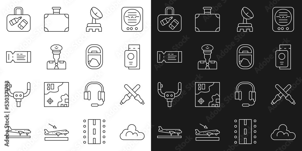 Set line Cloud weather, Marshalling wands, Passport with ticket, Radar, Pilot, Airline, Suitcase and Airplane window icon. Vector