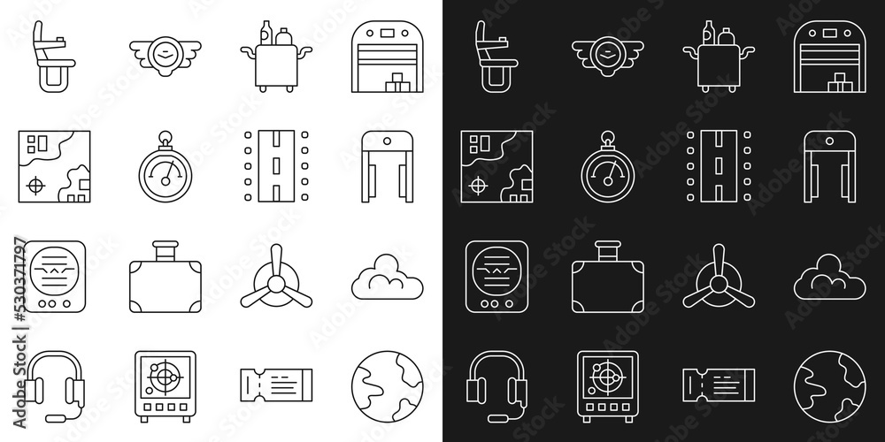 Set line Worldwide, Cloud weather, Metal detector in airport, Trolley for food, Barometer, travel map, Airplane seat and Airport runway icon. Vector