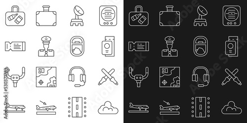 Set line Cloud weather, Marshalling wands, Passport with ticket, Radar, Pilot, Airline, Suitcase and Airplane window icon. Vector