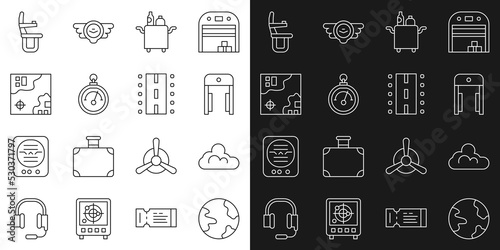 Set line Worldwide  Cloud weather  Metal detector in airport  Trolley for food  Barometer  travel map  Airplane seat and Airport runway icon. Vector