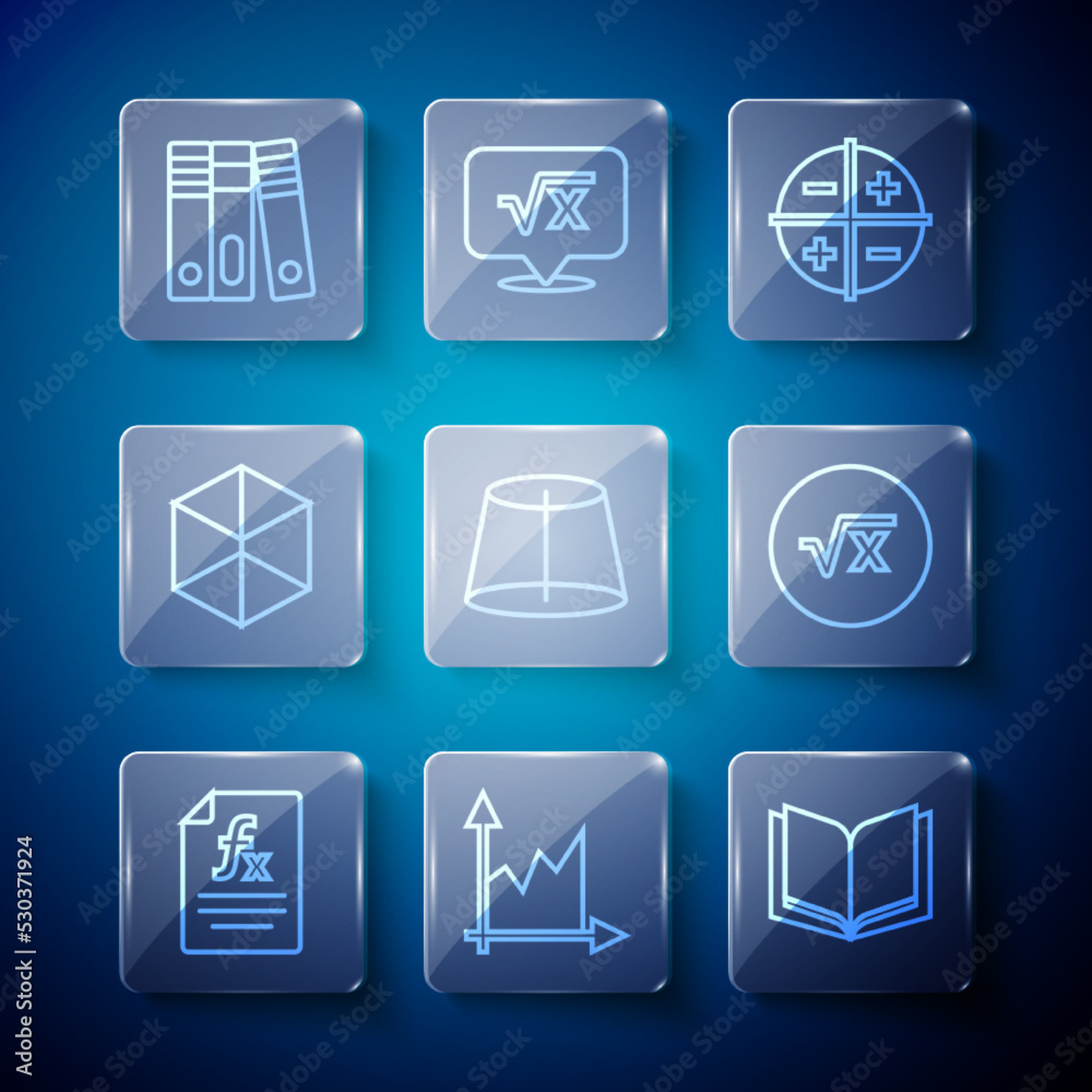 Set line Function mathematical symbol, Graph, schedule, chart, diagram, Open book, XYZ Coordinate system, Geometric figure, Cube, Office folders and Square root of x glyph icon. Vector Set line Function mathematical symbol, Graph, schedule, chart, diagram, Open book, XYZ Coordinate system, Geometric figure, Cube, Office folders and Square root of x glyph icon. Vector