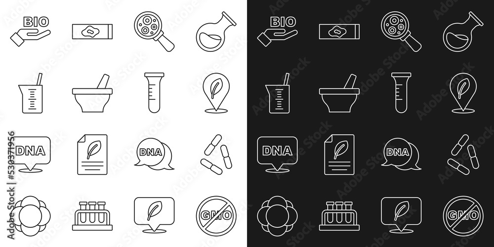 Set line No GMO, Virus, Location with leaf, Microorganisms under magnifier, Mortar and pestle, Laboratory glassware beaker, Bio healthy food and Test tube flask icon. Vector