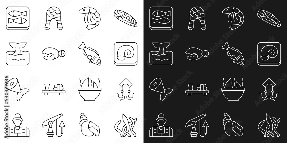 Set line Seaweed, Octopus, on plate, Shrimp, Lobster or crab claw, Whale tail in ocean wave, Canned fish and Fish icon. Vector