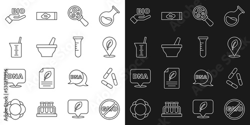 Set line No GMO  Virus  Location with leaf  Microorganisms under magnifier  Mortar and pestle  Laboratory glassware beaker  Bio healthy food and Test tube flask icon. Vector