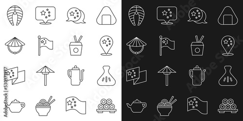Set line Sushi on cutting board  Dumpling  China flag  flagpole  Chinese conical straw hat  Fish steak and Noodles box and chopsticks icon. Vector