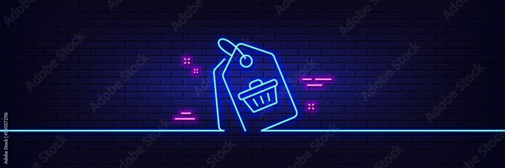 Neon light glow effect. Shopping cart line icon. Customer sale tags sign. Supermarket purchases symbol. 3d line neon glow icon. Brick wall banner. Sale tag outline. Vector Neon light glow effect. Shopping cart line icon. Customer sale tags sign. Supermarket purchases symbol. 3d line neon glow icon. Brick wall banner. Sale tag outline. Vector