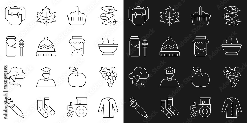Set line Raincoat, Grape fruit, Bowl of hot soup, Basket, Winter hat, Jar honey and dipper stick, School backpack and Jam jar icon. Vector
