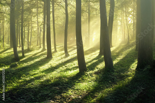 Green forest landscape in sunlight