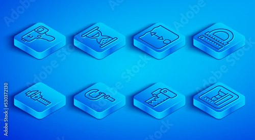 Set line Digital thermometer, Old hourglass with sand, Depth measurement, Micrometer, Measuring instrument, Protractor ruler, Calliper caliper scale and Graph, schedule, chart, diagram icon. Vector