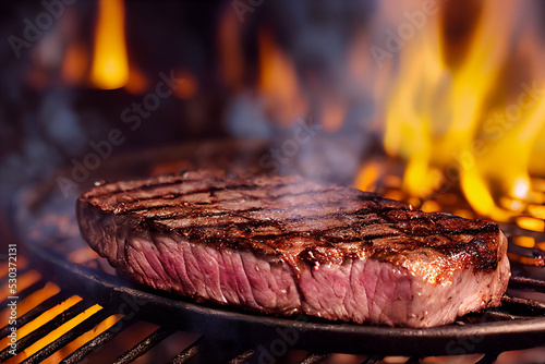 Grilled beef steak medium rare on fire. Selective Focus. 3D Illustration.