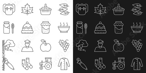 Set line Raincoat  Grape fruit  Bowl of hot soup  Basket  Winter hat  Jar honey and dipper stick  School backpack and Jam jar icon. Vector