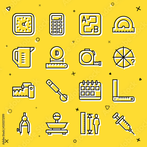 Set line Syringe, Corner ruler, Circle of pieces, Route location, Diameter, Measuring cup, Clock and Roulette construction icon. Vector