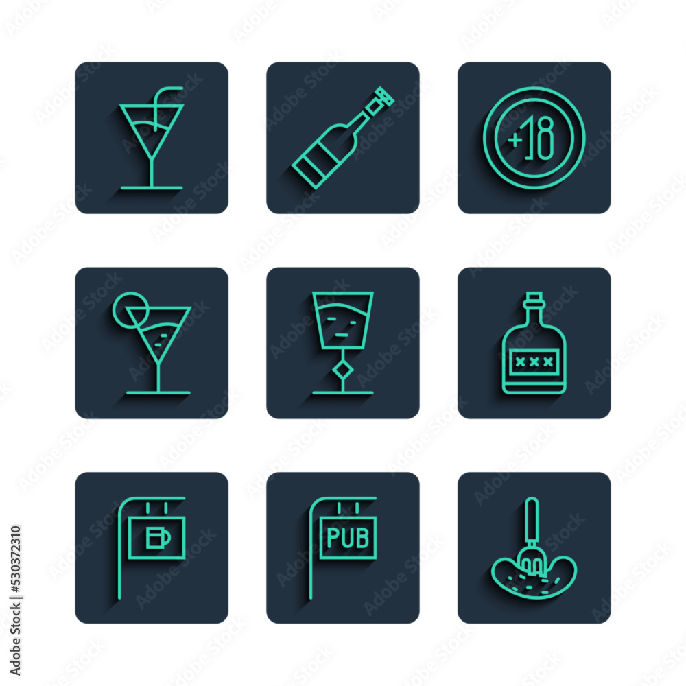 Set line Street signboard with Bar, Pub, Pickled cucumber on fork, Alcohol 18 plus, Wine glass, Martini, Cocktail and drink Rum bottle icon. Vector Set line Street signboard with Bar, Pub, Pickled cucumber on fork, Alcohol 18 plus, Wine glass, Martini, Cocktail and drink Rum bottle icon. Vector