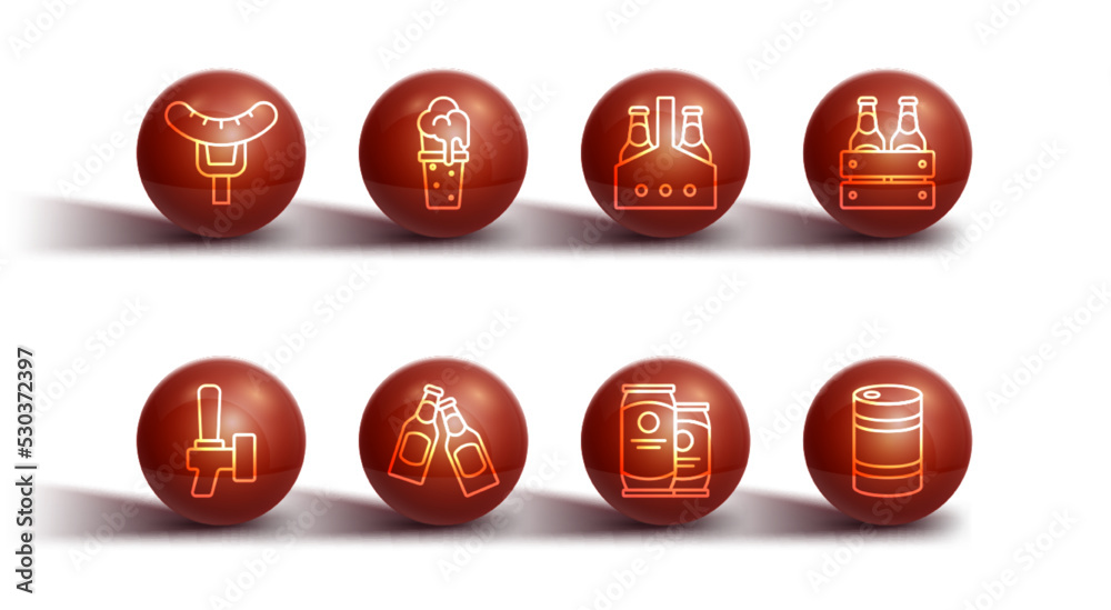 Set line Sausage on the fork, Beer tap, Pack of beer bottles, can, Glass, Metal keg and icon. Vector Set line Sausage on the fork, Beer tap, Pack of beer bottles, can, Glass, Metal keg and icon. Vector