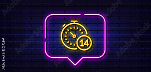 Neon light speech bubble. Quarantine timer line icon. Coronavirus incubation period sign. Self-isolation symbol. Neon light background. Quarantine glow line. Brick wall banner. Vector