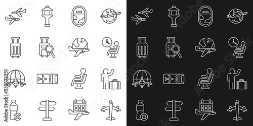 Set line Plane, Tourist with suitcase, Human waiting in airport terminal, Airplane window, Lost baggage, Suitcase, and Globe flying icon. Vector