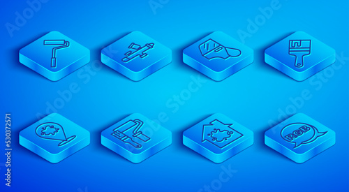 Set line Paint roller brush, spray gun, Car painting, Painting the house, and RGB icon. Vector