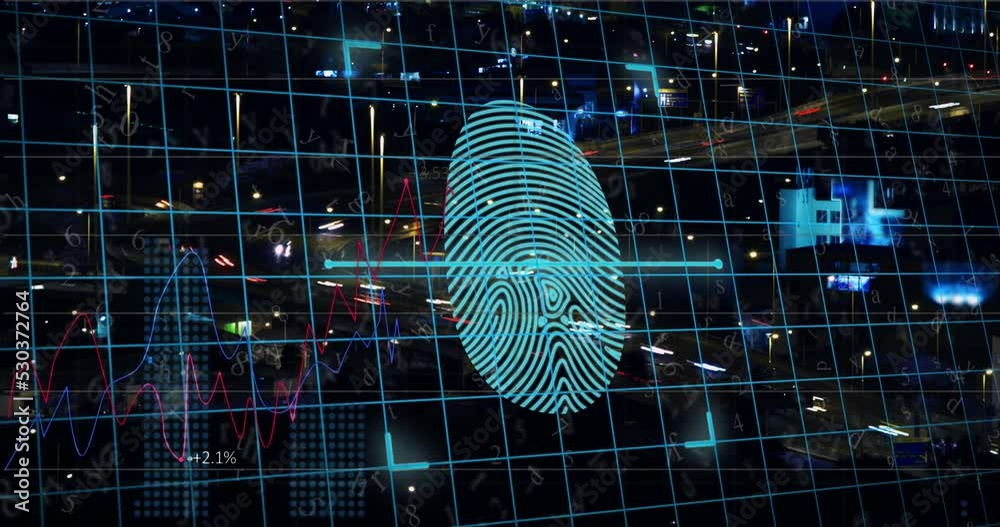 Animation of digital fingerprint with grid over time lapse of vehicles moving on street in city