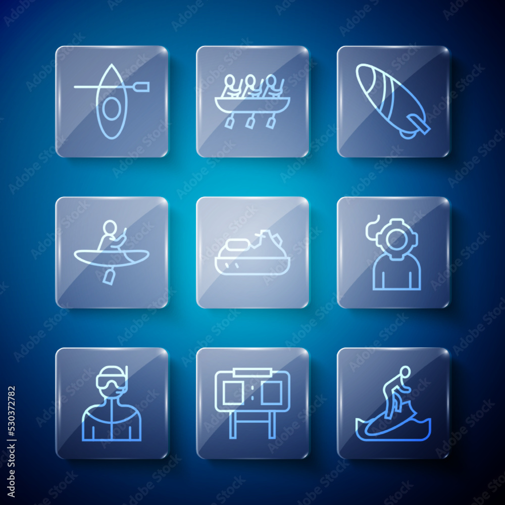 Set line Wetsuit for scuba diving, Sport mechanical scoreboard, Surfboard, Jet ski, Kayak and paddle, and Aqualung icon. Vector Set line Wetsuit for scuba diving, Sport mechanical scoreboard, Surfboard, Jet ski, Kayak and paddle, and Aqualung icon. Vector