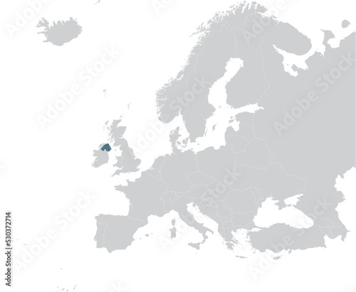 Blue Map of North Ireland within gray map of European continent