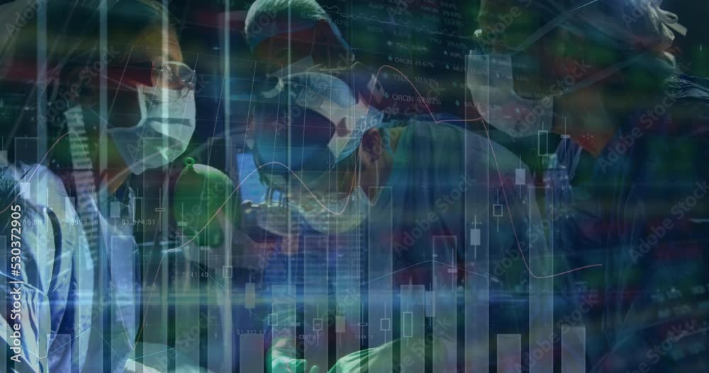 Animation of multiple graphs with trading board over surgeons performing surgery in operation room Animation of multiple graphs with trading board over surgeons performing surgery in operation room