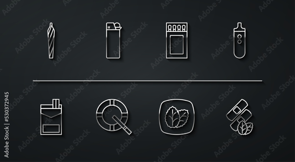 Set line Marijuana joint, spliff, Cigarettes pack box, Electronic cigarette, Tobacco leaf, Ashtray with, Lighter, Medical nicotine patches and Matchbox and matches icon. Vector