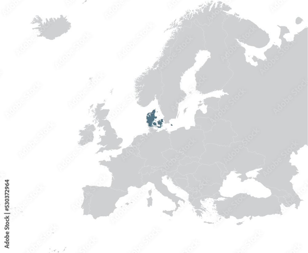Blue Map of Denmark within gray map of European continent
