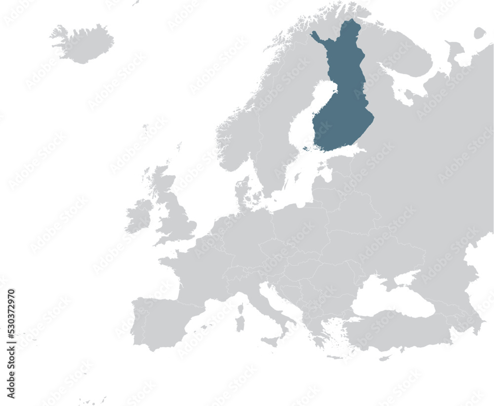 Blue Map of Finland within gray map of European continent