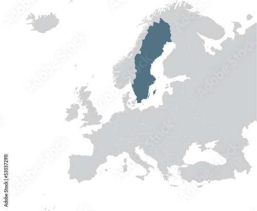 Blue Map of Sweden within gray map of European continent