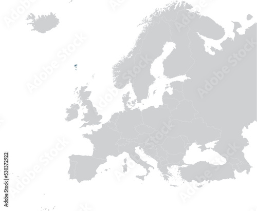 Blue Map of Faroe Islands within gray map of European continent