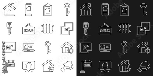 Set line Realtor, House under protection, plan, contract, Hanging sign with text Sold, key, and Heating radiator icon. Vector