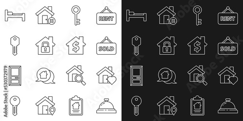 Set line Hotel service bell, House with heart shape, Hanging sign text Sold, key, under protection, Bed and dollar symbol icon. Vector