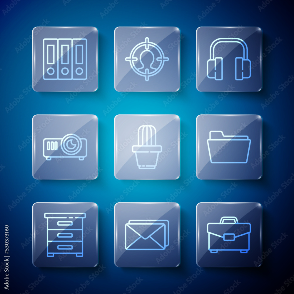Set line Drawer with documents, Envelope, Briefcase, Headphones, Cactus and succulent in pot, Movie, film, media projector, Office folders and Document icon. Vector Set line Drawer with documents, Envelope, Briefcase, Headphones, Cactus and succulent in pot, Movie, film, media projector, Office folders and Document icon. Vector