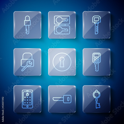 Set line Mobile and graphic password, Key, Old key, Keyhole, Lock repair, Locked and Car with remote icon. Vector