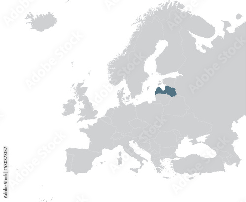 Blue Map of Latvia within gray map of European continent