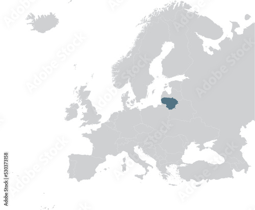 Blue Map of Lithuania within gray map of European continent