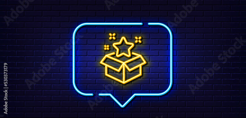 Neon light speech bubble. Loyalty program line icon. Bonus points. Discount box symbol. Neon light background. Loyalty program glow line. Brick wall banner. Vector
