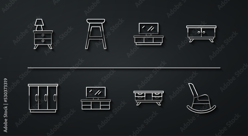 Set line Nightstand with lamp, Wardrobe, Furniture nightstand, TV table, Chair, Rocking chair and icon. Vector Set line Nightstand with lamp, Wardrobe, Furniture nightstand, TV table, Chair, Rocking chair and icon. Vector