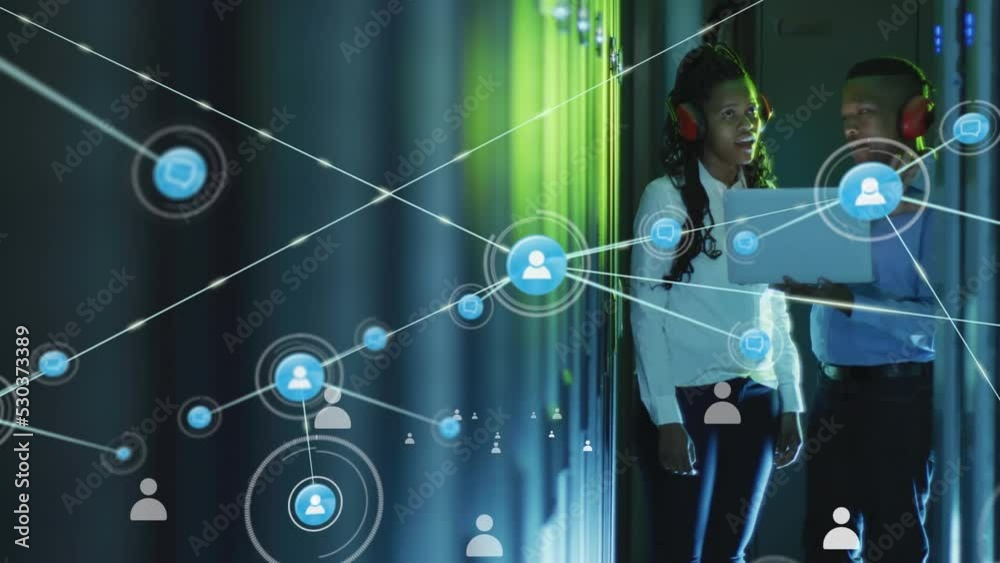 Animation of network of connections with icons over diverse it people by server Animation of network of connections with icons over diverse it people by server