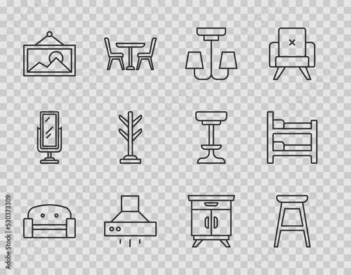 Set line Armchair, Chair, Chandelier, Kitchen extractor fan, Picture, Coat stand, Furniture nightstand and Bunk bed icon. Vector