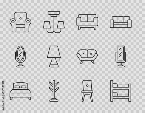 Set line Big bed, Bunk, Sofa, Coat stand, Armchair, Table lamp, Chair and full length mirror icon. Vector