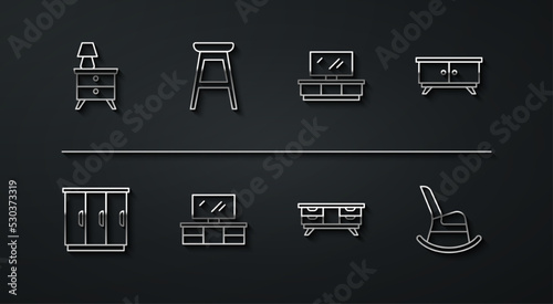 Set line Nightstand with lamp, Wardrobe, Furniture nightstand, TV table, Chair, Rocking chair and icon. Vector