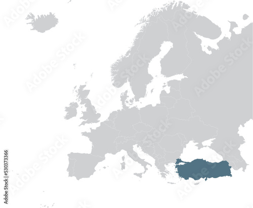Blue Map of Turkey within gray map of European continent